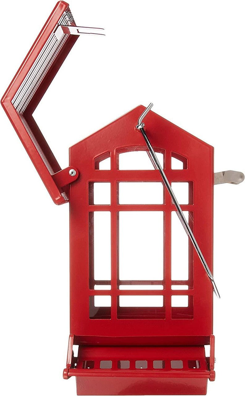 Woodlink Chateau Squirrel-Resistant Feeder in vibrant red, steel construction, designed for easy bird feeding without waste.