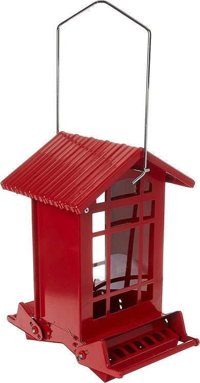 Woodlink Chateau Squirrel-Resistant Feeder in bright red with sturdy design, perfect for attracting songbirds.