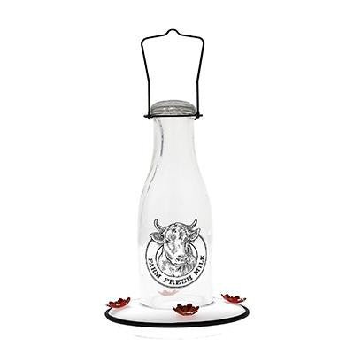 Woodlink Milkhouse 24 Ounce Glass Hummingbird Feeder with rustic design and flower-shaped feeding ports.