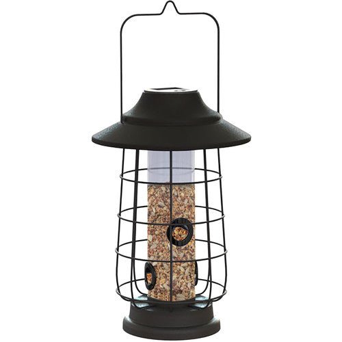 Woodlink Modern Farmhouse Gaslight Solar Light Coppertop Seed Feeder in matte black with clear seed tube.