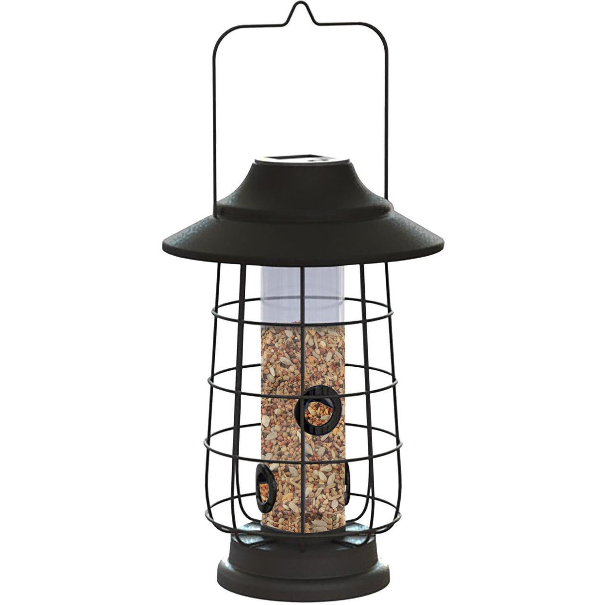 Woodlink Modern Farmhouse Gaslight Solar Light Coppertop Seed Feeder in black lantern design with clear seed tube.