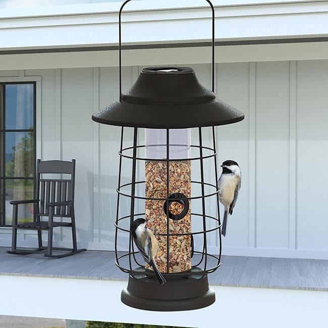 Woodlink Modern Farmhouse Gaslight Solar Light feeder with birds feeding, showcasing its design and functionality.