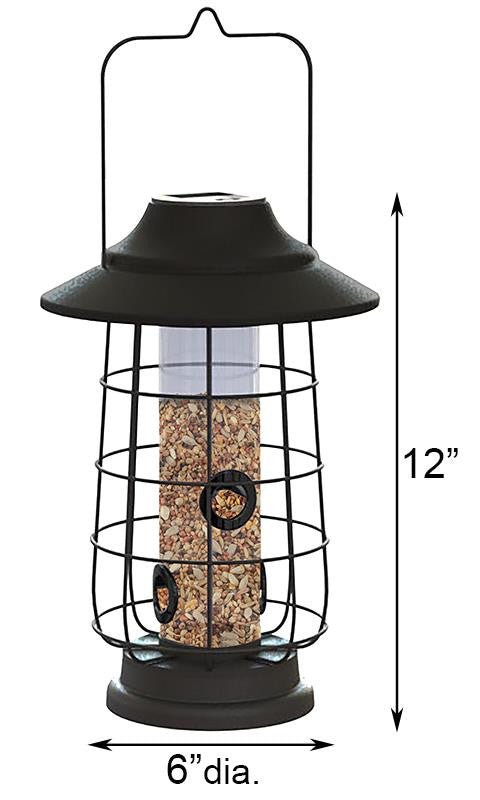 Woodlink Modern Farmhouse Gaslight Solar Light Coppertop Seed Feeder, 12" tall tube feeder with black metal cage.