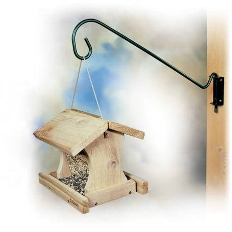 Woodlink NAMULTI 19" dark green multi-position wall bracket holding wooden bird feeder 19 inches away from vertical surface