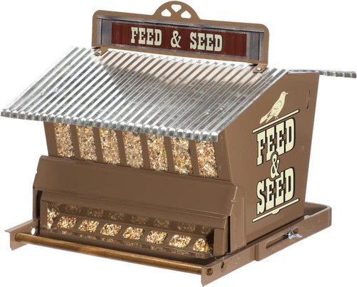 Woodlink Rustic Farmhouse Absolute® Feed & Seed Squirrel-Resistant Feeder 24637 with locking top and metal perch.