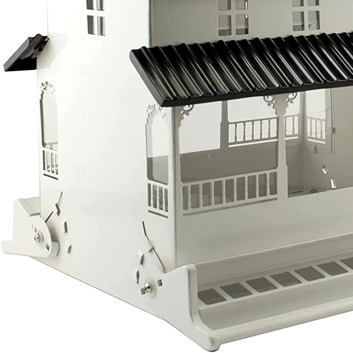 Close-up of the WoodLink Rustic Farmhouse Squirrel-Resistant Feeder, showcasing the white design and decorative features.