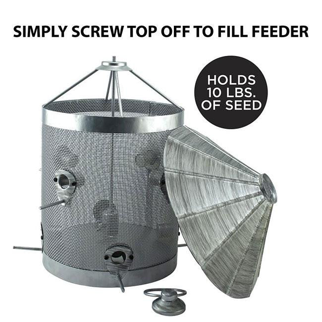 Woodlink Rustic Farmhouse Galvanized Silo Combo Seed Feeder showcasing easy fill design and 10 lb capacity.