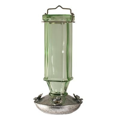 Woodlink Rustic Farmhouse Glass Hummingbird Feeder, 16 oz with green glass bottle and galvanized base.