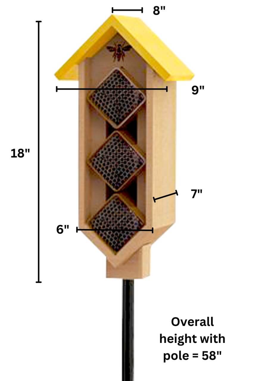Woodlink Save Our Bees Please 3 Tier Diamond Yard Stake Mason Bee House with dimensions showcased.