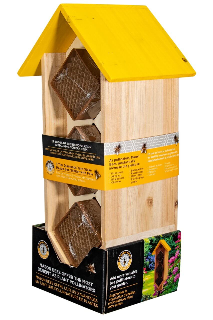 Woodlink Save Our Bees 3 Tier Diamond Yard Stake Mason Bee House for garden pollination.