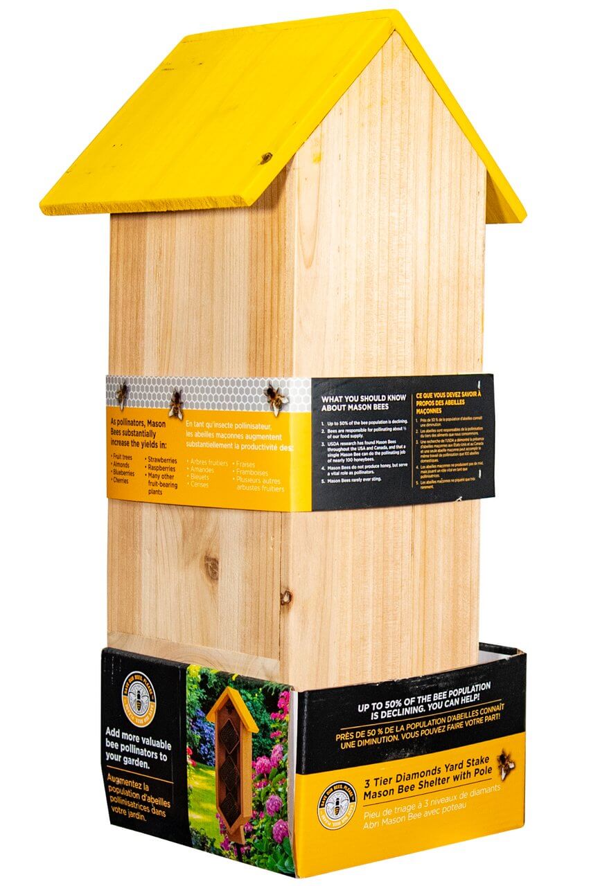 Woodlink Save Our Bees Please 3 Tier Diamond Yard Stake Mason Bee House for garden pollinators.