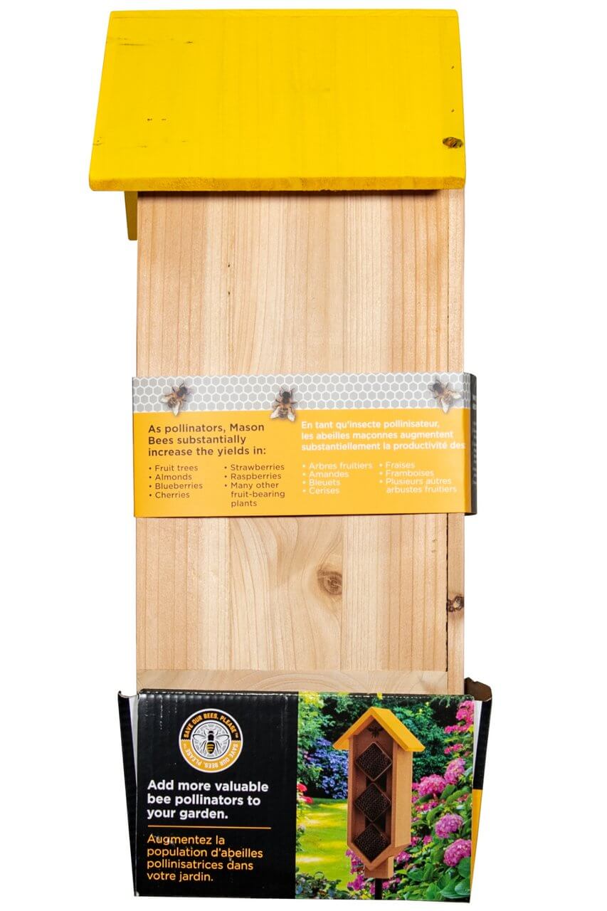 Woodlink Save Our Bees Please 3 Tier Diamond Yard Stake Mason Bee House with yellow roof and detailed instructions.