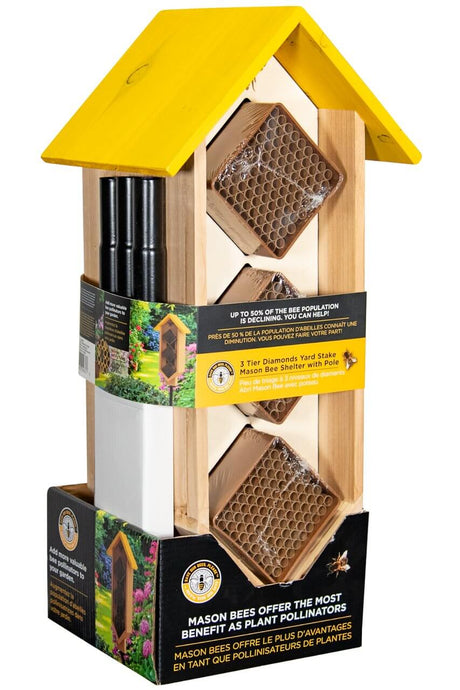 Woodlink Save Our Bees Please 3 Tier Diamond Yard Stake Mason Bee House for attracting pollinators to your garden.