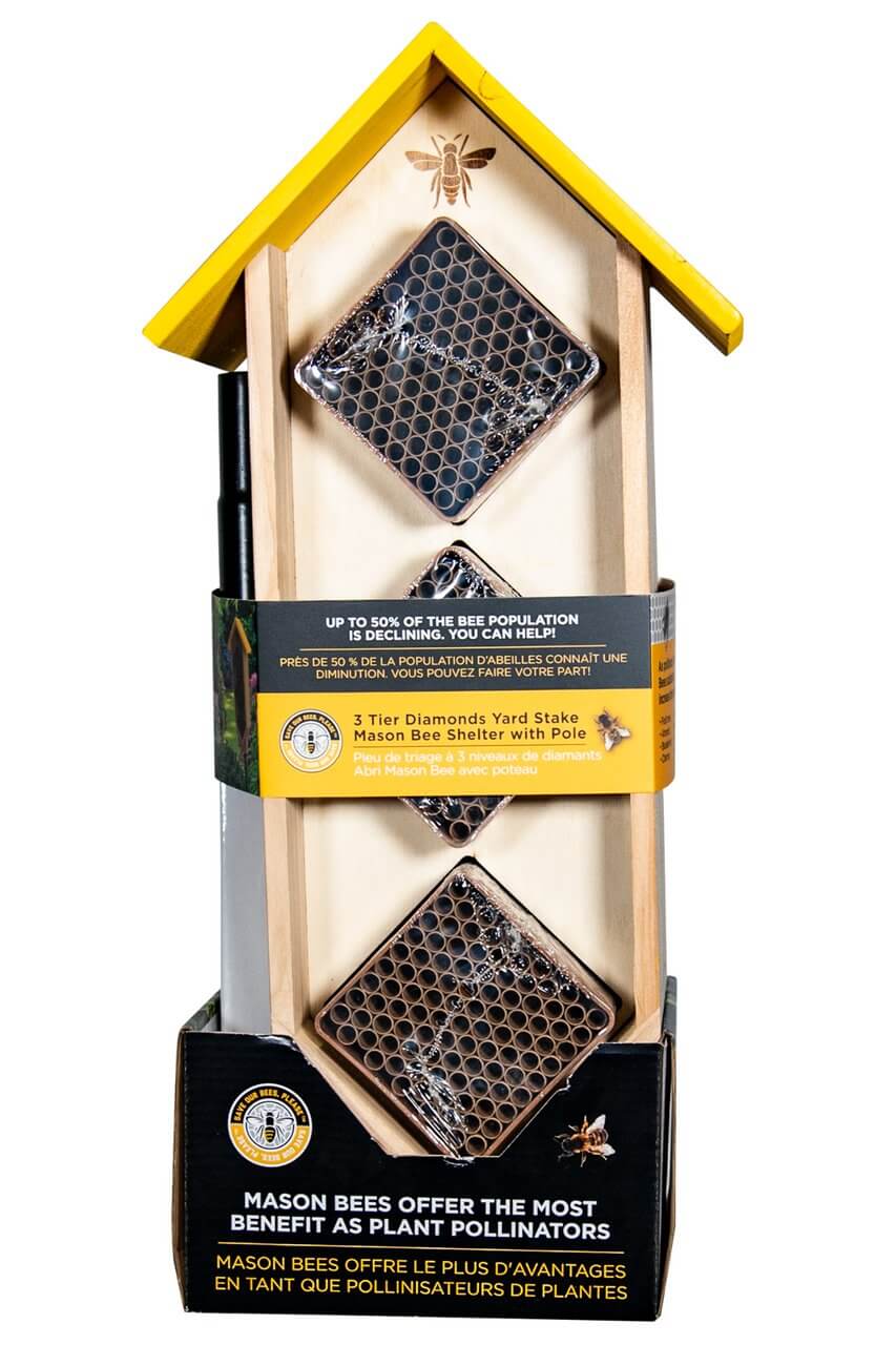 Woodlink Save Our Bees 3 Tier Diamond Yard Stake Mason Bee House for attracting pollinators in your garden.