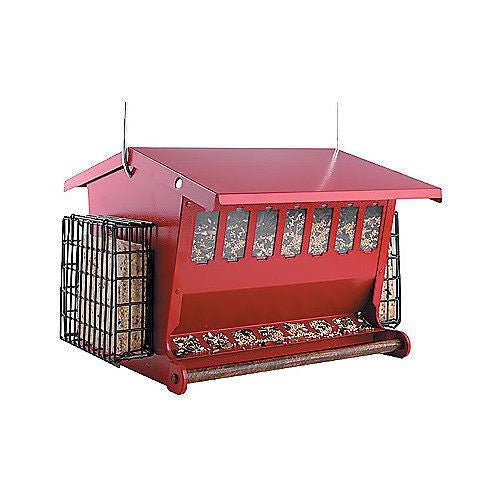 Woodlink Seeds N' More Metal Feeder 7452R with suet holders for feeding songbirds and clinging birds, holds 15 lbs of mixed seed and 2 suet cakes.