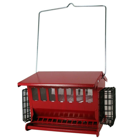 Woodlink Seeds N' More Metal Feeder 7452R with double-sided hopper, suet holders, and seed saver baffle for songbirds and clinging birds