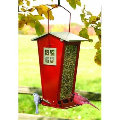 Audubon Snack Shack red squirrel-resistant bird feeder with birds perched, featuring weight-activated perches and a durable metal hanger
