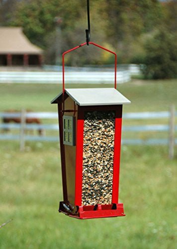 Woodlink Snack Shack squirrel-resistant bird feeder with red powder coated steel, weight activated perches, and large seed capacity hanging outdoors