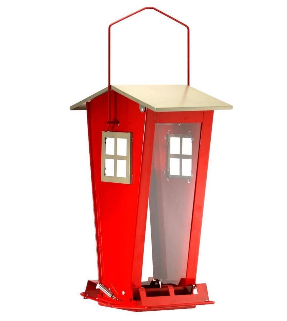 Woodlink Snack Shack Squirrel-Resistant Feeder, red powder-coated steel with weight-activated perches and secure roof lock. Holds up to 7 lbs of seed.