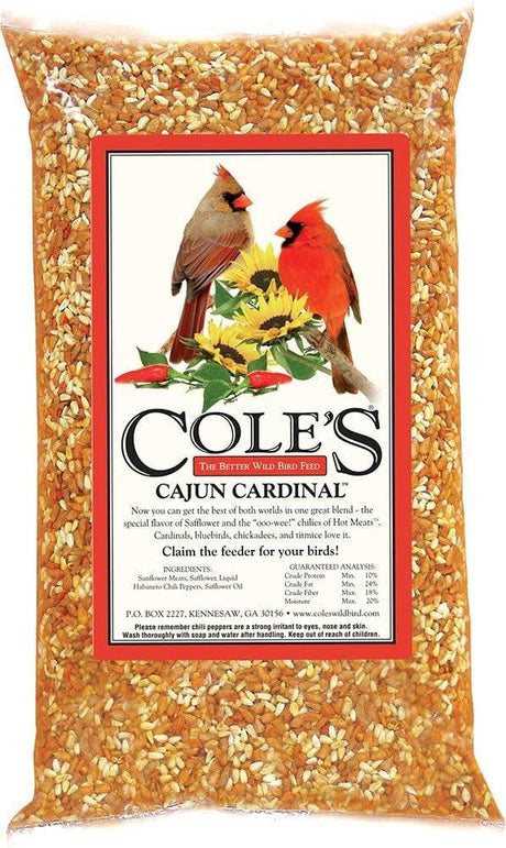 Cole's Cajun Cardinal Bird Seed, 10 lbs bag, featuring cardinals on the packaging with sunflower meats and safflower seeds for wild birds.