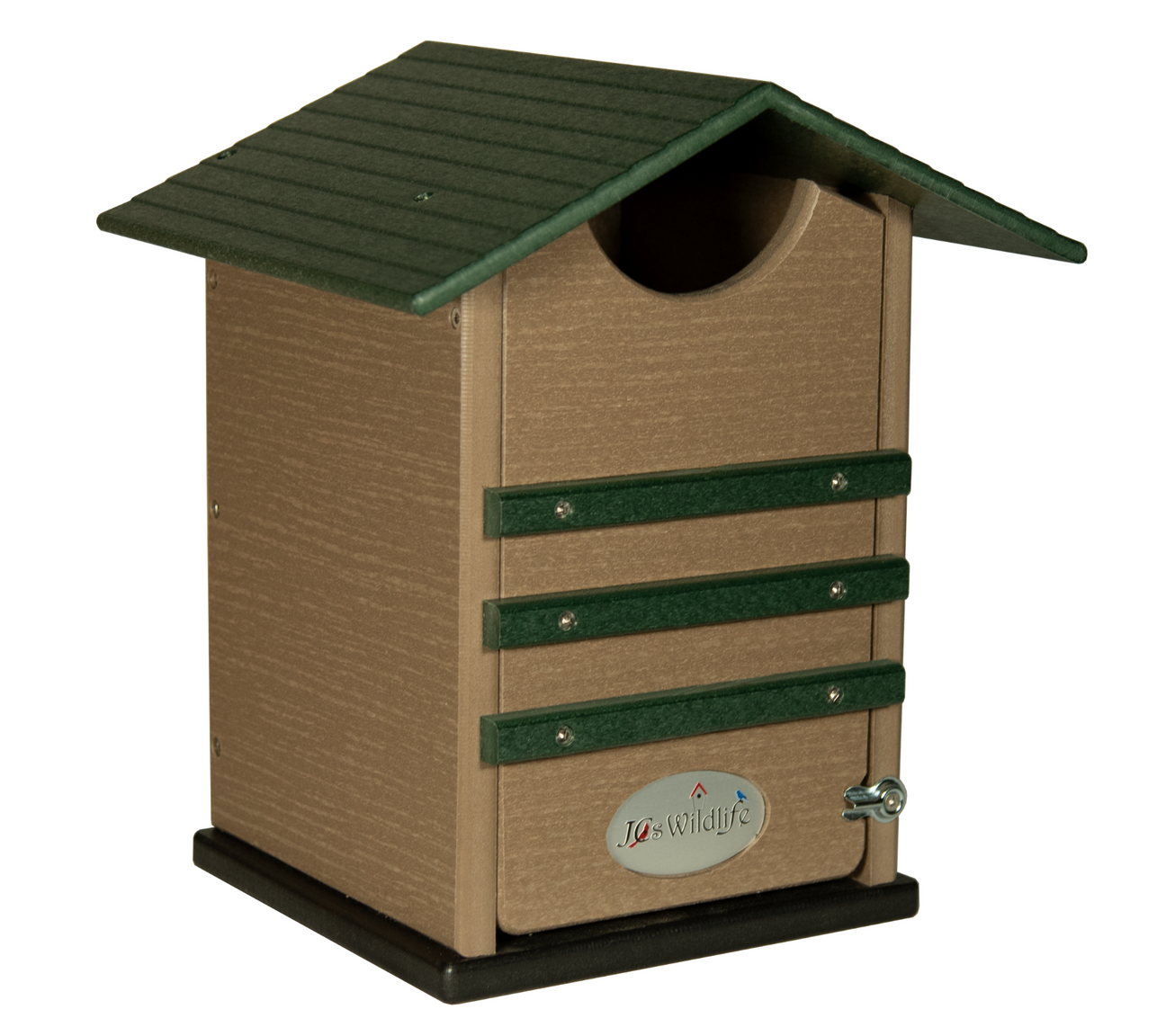 JCs Wildlife plastic birdhouse featuring a green roof tan body and three dark green accents against a white background

