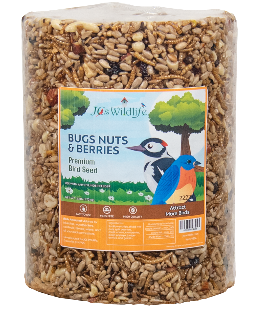 JCS Wildlife Bugs Nuts and Berries Premium Bird Seed Large Cylinder, 3.8 lb