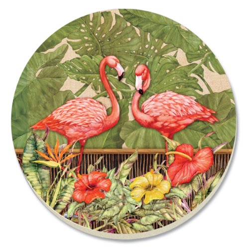 CounterArt tropical flamingos absorbent coaster with vibrant pink flamingos, lush green foliage, and colorful flowers