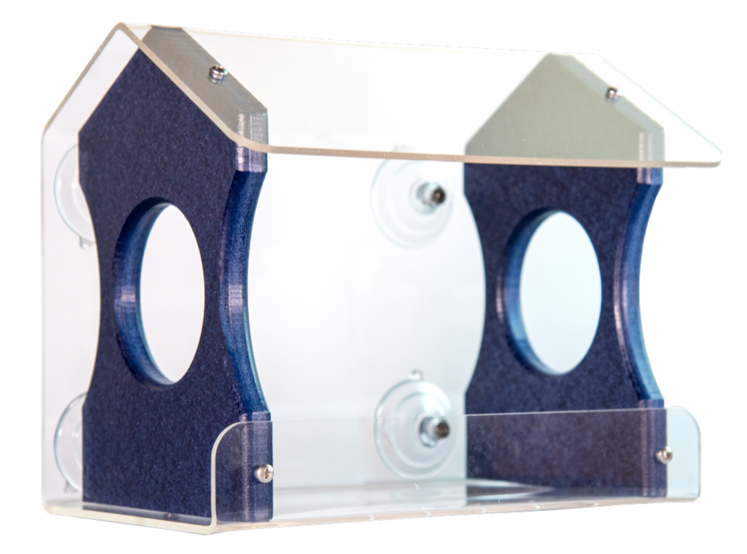 Acrylic and composite bird feeder featuring a clear acrylic body dark blue perches and suction cup mounts for easy window installation
