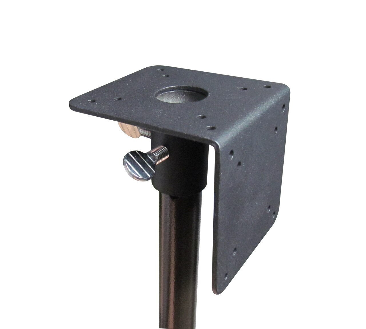 Close-up of a black metal mounting bracket with a central hole and a knurled thumbscrew showing fine details and a matte black finish
