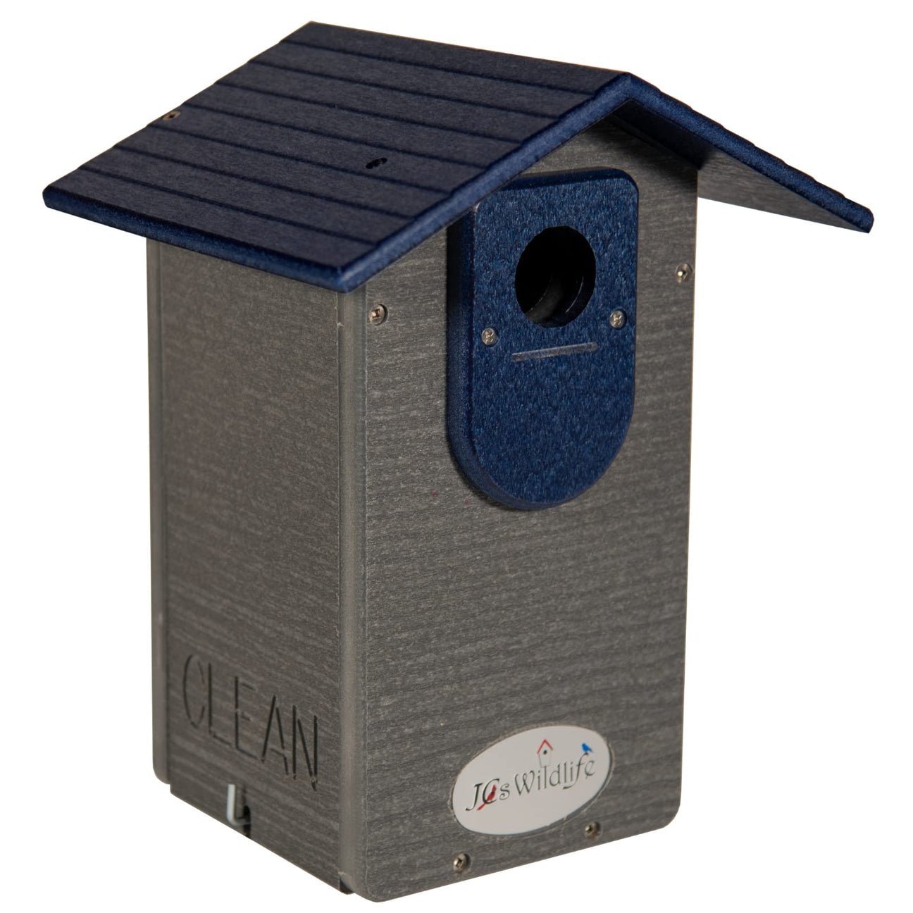 JCs Wildlife gray and blue plastic birdhouse with a dark blue roof and clean inscription features a circular entrance hole and a logo
