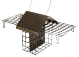 JCS Wildlife Metal House Double Suet Cage with Hammered Style Roof -with 2 Peanut Butter Suet (Bronze)