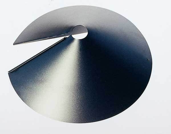 Metal bird feeder baffle featuring a dark gray semi-circular design with a lighter gradient and a central hole for a pole showing a unique split section for squirrel proofing
