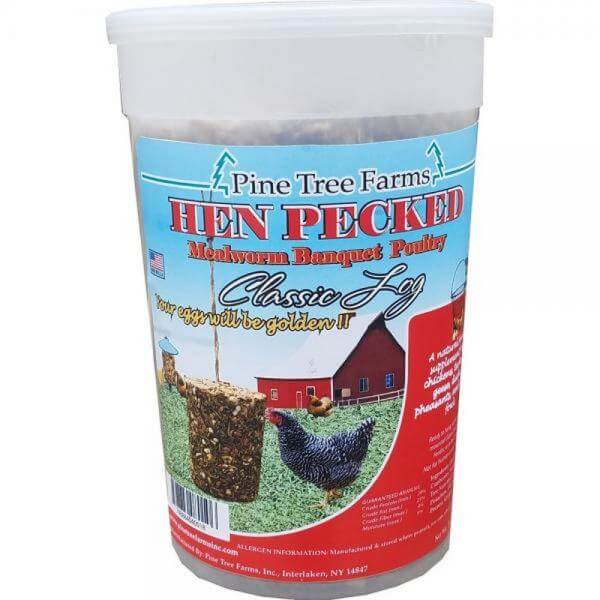 Pine Tree Farms Hen Pecked Mealworm Banquet Poultry Classic Log 28 oz container with farm and chicken imagery