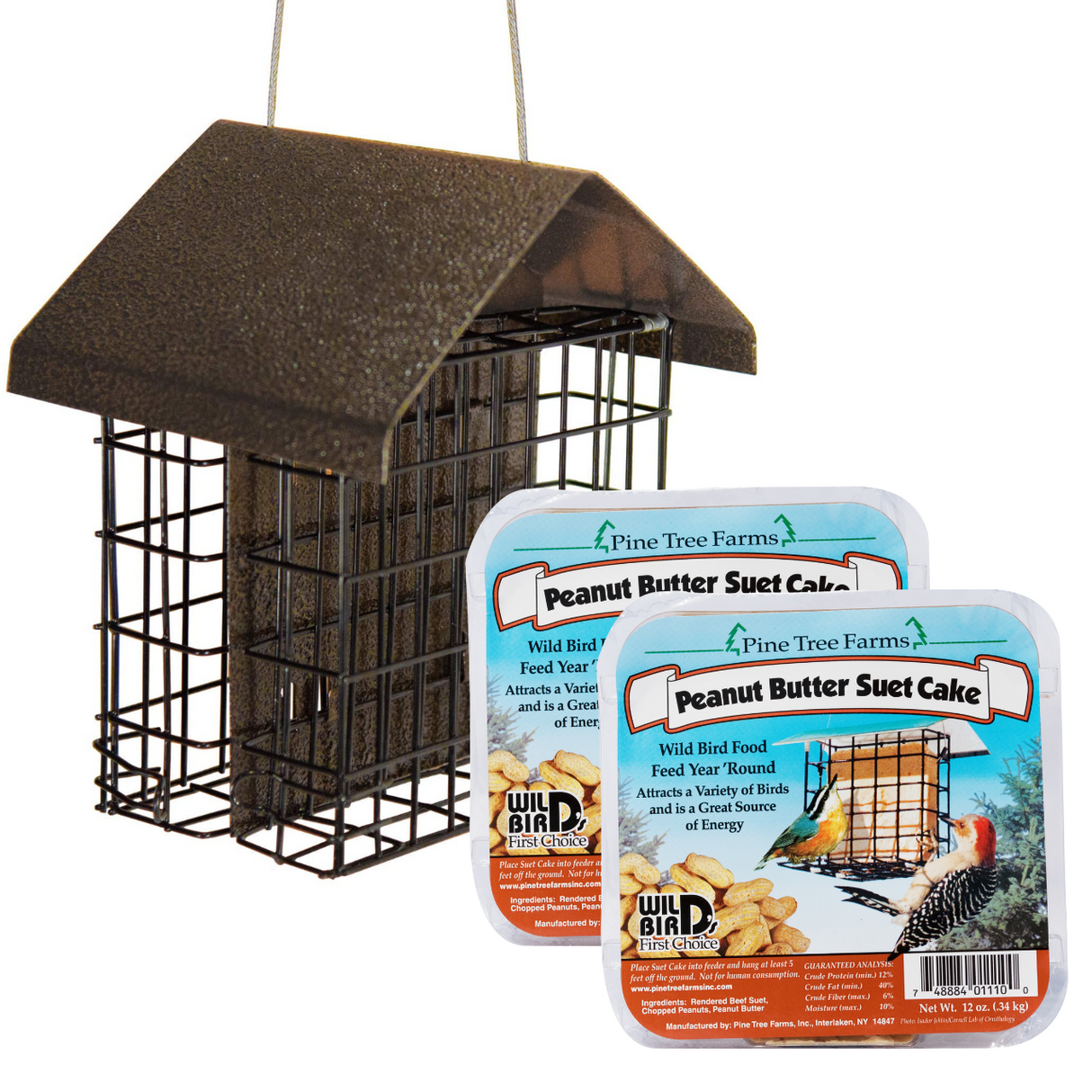 JCS Wildlife Metal House Double Suet Cage with Hammered Style Roof -with 2 Peanut Butter Suet (Bronze)