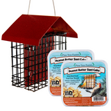 JCS Wildlife Metal House Double Suet Cage with Hammered Style Roof -with 2 Peanut Butter Suet (Red)