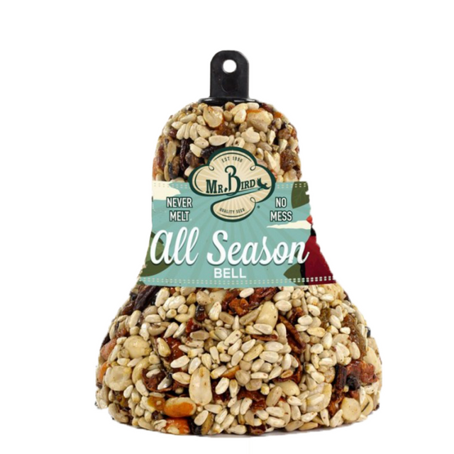 Mr. Bird All Season Fruit & Nut Wild Bird Seed Bell 14 oz., mess-free and no melt seed treat for wild birds.