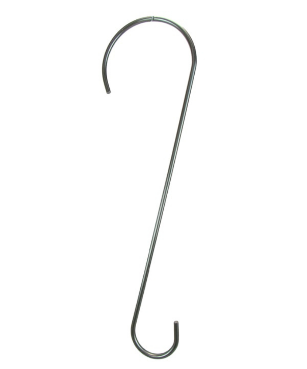 Product shot of a metal S-shaped hook with a smooth surface and subtle curves a simple design ideal for hanging items.