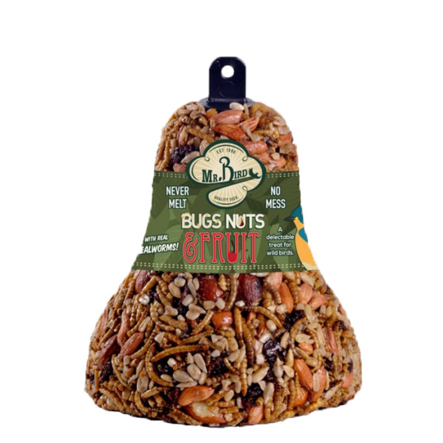 Mr. Bird Bugs, Nuts, & Fruit Wild Bird Seed Bell 12.5 oz, made with real mealworms, no mess, never melts.