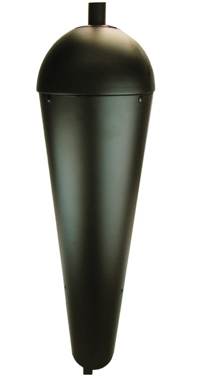 Product shot of a dark-colored metal bollard with a rounded top and small holes near the base showing a smooth matte finish and simple cylindrical design
