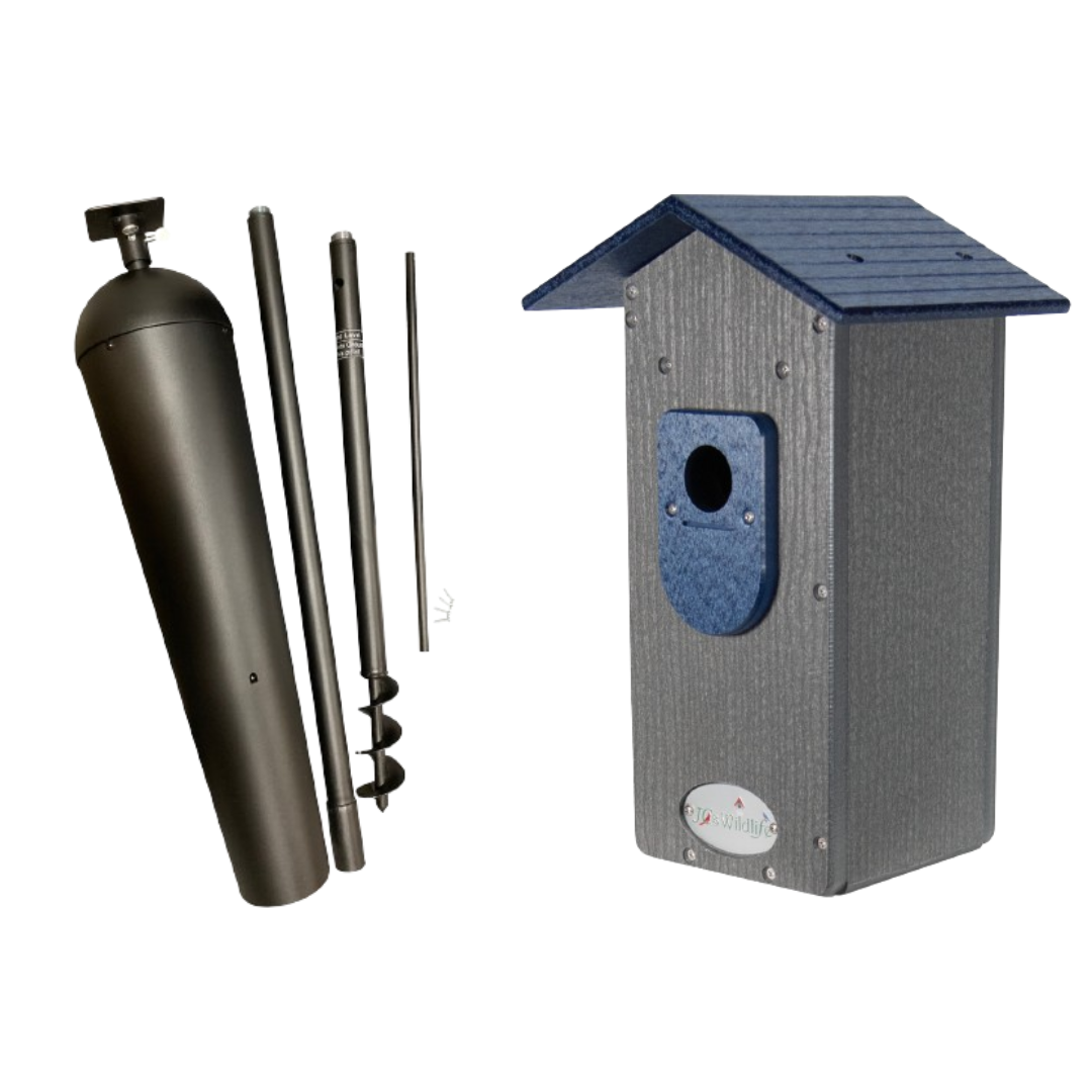 This photo shows the bluebird house with an optional pole mounting system; the Denali.