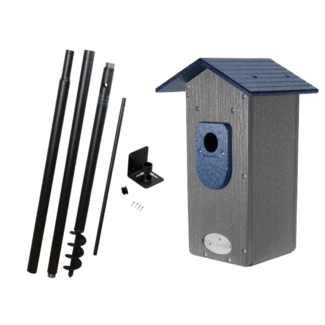 This photo shows the bluebird house with an optional pole mount; the Universal Pole Kit.
