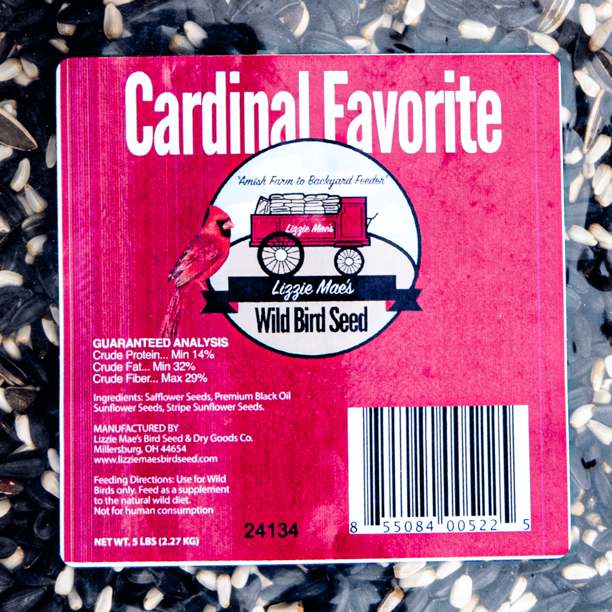 JCS Wildlife Cardinal Favorite 5lb Loose Seed Bag packaging with nutritional information and ingredients for cardinals and other wild birds.