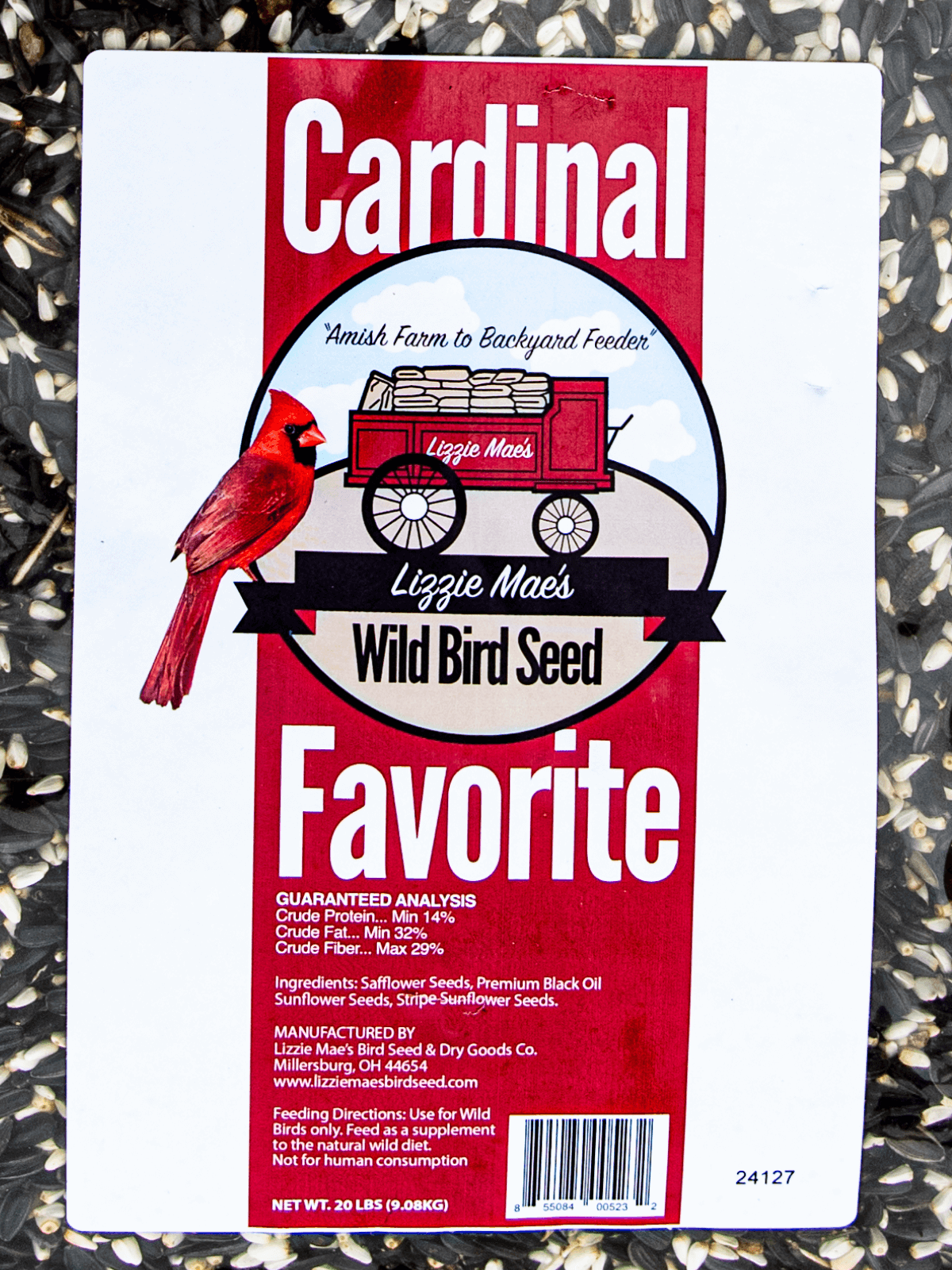 JCS Wildlife Cardinal Favorite 20lb Loose Seed Bag with a red cardinal and vintage wagon on label.