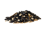 Photograph of a pile of birdseed containing black oil sunflower seeds white millet and small beige seeds against a white background
