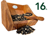 JQs Wildlife 16 lb wooden bird feeder filled with sunflower seeds millet and cracked corn featuring a rustic wooden scoop and a JQs Wildlife logo
