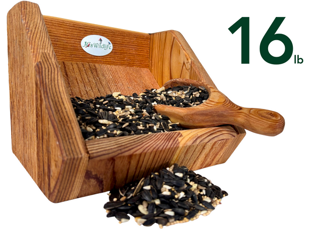 JQs Wildlife 16 lb wooden bird feeder filled with sunflower seeds millet and cracked corn featuring a rustic wooden scoop and a JQs Wildlife logo
