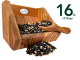 JQs Wildlife wooden bird feeder filled with 16 lbs of assorted birdseed including sunflower seeds millet and cracked corn in two bags a wooden scoop rests inside.
