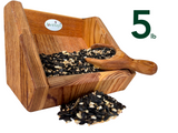 JQs Wildlife wooden bird feeder filled with 5 pounds of mixed birdseed including sunflower seeds millet and cracked corn displayed with a wooden scoop
