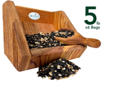 JQs Wildlife wooden bird feeder filled with a mix of black oil sunflower seeds nyjer and millet seeds showing a wooden scoop and a rustic design
