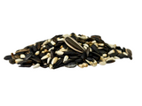 Photo of a pile of mixed birdseed showing black oil sunflower seeds white striped sunflower seeds and niger seeds on a white background
